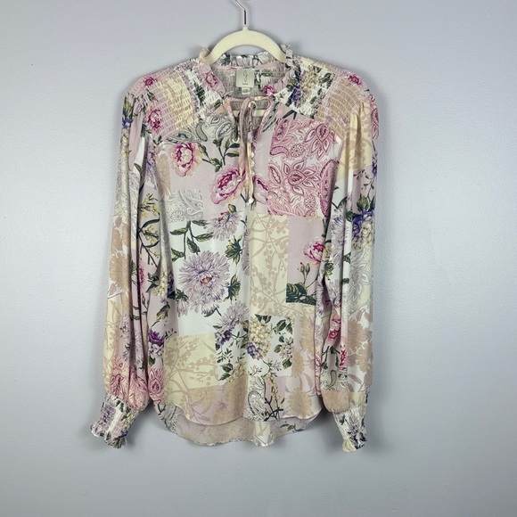 Joie Peasant-style Soft Pastel Patchwork Floral Long Sleeve Blouse Size Large - Picture 2 of 13